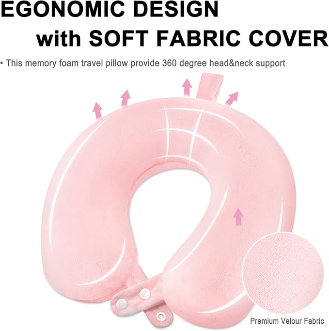 Travel Neck Pillow Airplane, Soft Memory Foam Support Head Neck Chin, with Removale Cover and Adjustable Snap Button, Comfortable Sleeping in Plane Car Train Traveling Office, Light Pink
