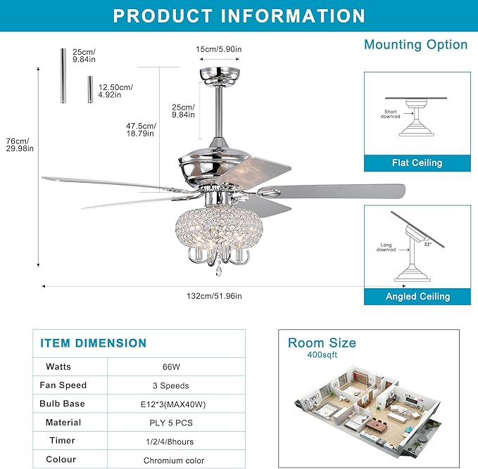 NicBex Ceiling Fan 52 Inch Ceiling Fan with Lights Ceiling Fans with 5 Blades and Remote Control Ceiling Fan with Crystal Lamp Shade for Bedroom, Living Room, Silver