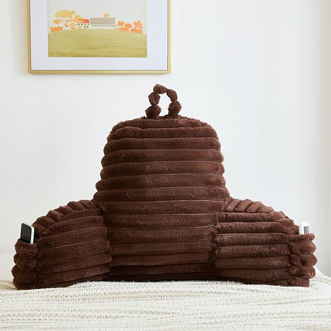 Faux Fur Fluffy Coffee Reading Pillow with Pockets, Luxury Striped Plush Decorative, Arm Rests and Back Surport for Bed Rest, Lounging on Sofa, Standard