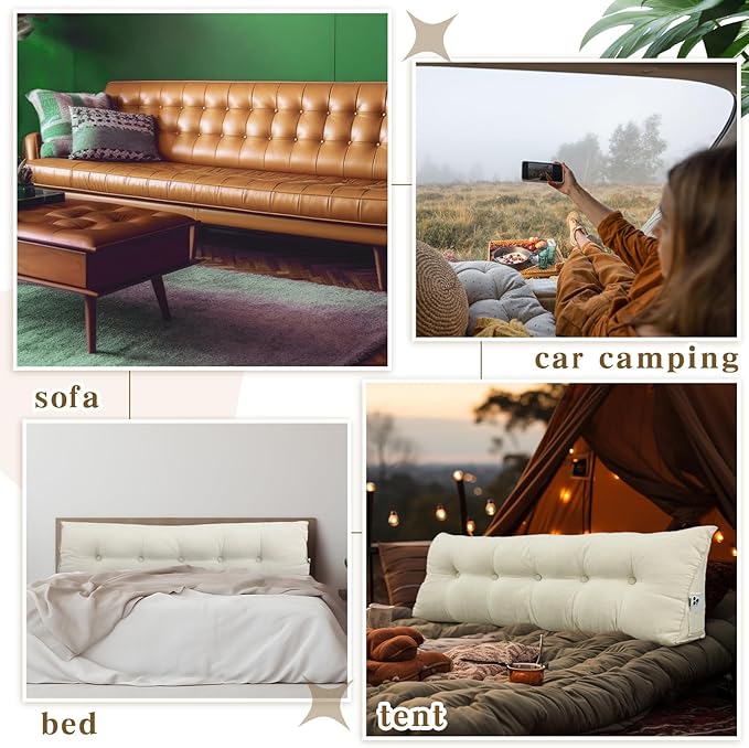 Wenqik Wedge Pillow Triangular Dorm Headboard Bed Rest Reading Backrest Back Support Long Bolster Pillow with Removable Cover for Dorm Room Supplies(Beige,Queen (59 x 20 x 8 Inch))