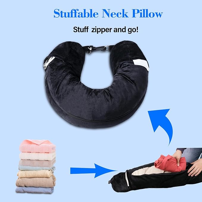 Travel Pillow You Stuff with Clothes, Stuffable Travel Pillow Transforms Into Extra Luggage Without Excess Fees, Stuffable Neck Pillow Fits 3+ Days of Travel Essentials with Pocket