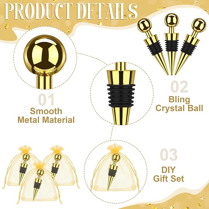 24 Pcs Gold Wine Stoppers Bulk Wine Saver Wedding Party Gifts Favors for Guests Stainless Steel Bottle Stopper Wine Corks Beverage Vacuum Silicone Stopper with Sheer Bags for Wedding Bar