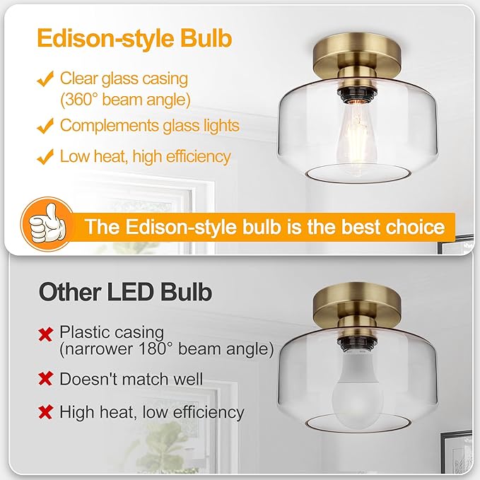 Industrial Semi Flush Mount Ceiling Light Brass, 800 Lumen LED Bulb Included, Clear Glass Shade Ceiling Light Fixture, Light Fixture for Hallway Bathroom Bedroom, Vintage Hanging Light Fixtures