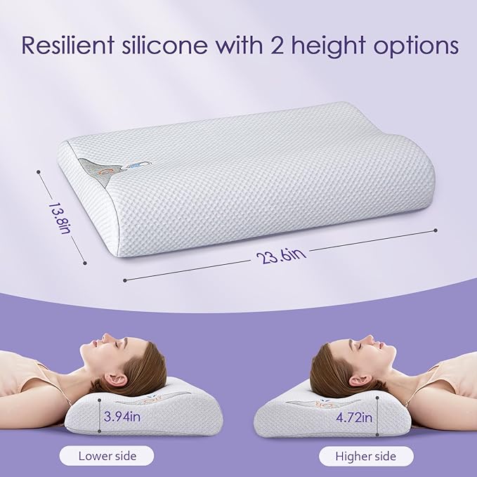 Silicone Cervical Pillow for Pain Relief, Shoulder & Neck Support Machine Washable Silicone Neck Pillow with Cool Silk Breathable Pillowcase, Ergonomic Pillow for Side, Back, Stomach Sleepers