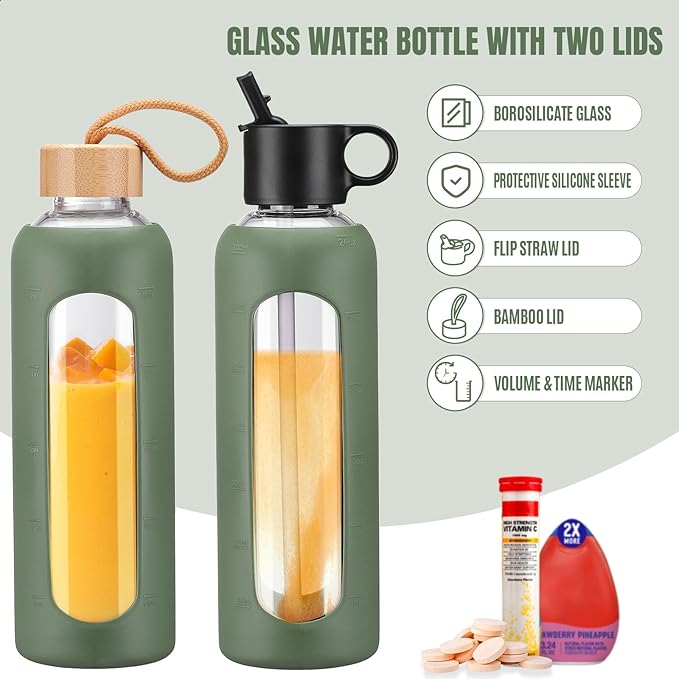 24oz Glass Water Bottle With 2 Lids-Flip Straw Lid, Bamboo Lid, Glass Water Bottle With Silicone Sleeve, Motivational Time Marker, Glass Juice Bottle for Cold Drink,Plive