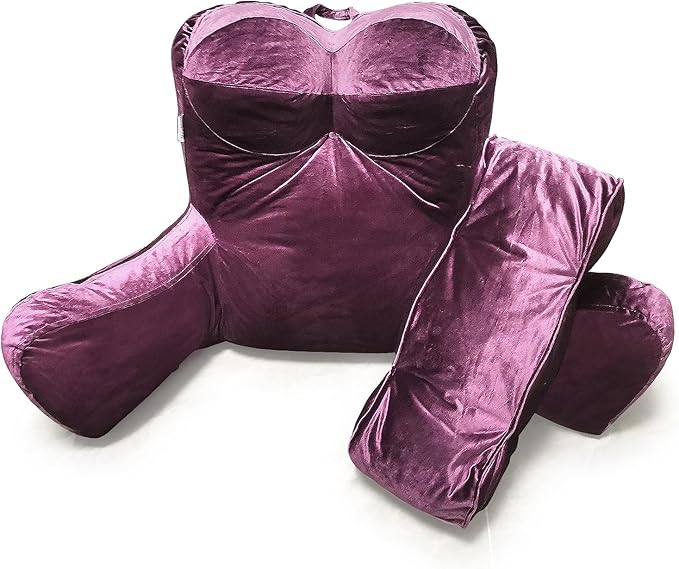 Reading Pillow 31”Wx21”H Back Pillow for Bed Sitting Up, Bed Pillow with Shredded Memory Foam with Arm Backrest, Back Support Pillow with Leg Pillow and Pocket for Reading/Gaming/Relaxing