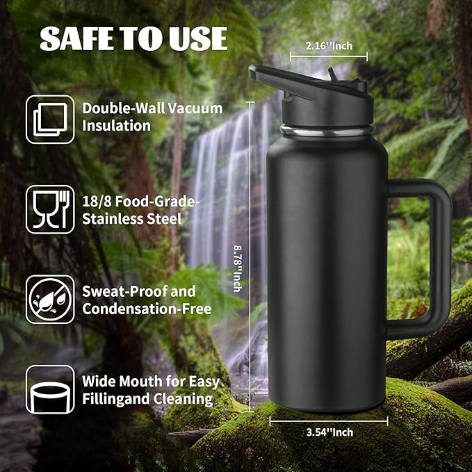 32oz Insulated Water Bottle with Handle, Stainless Steel Sports Metal Water Flask with Straw & 2 Leak Proof Lids, Double Walled Vacuum Wide Mouth Water Bottle for Travel, Camping, Gym Sports (Black)