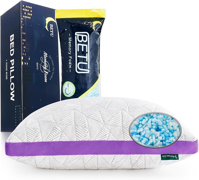 BETU Cooling Pillow Queen Size, Shredded Memory Foam Cool Pillow for Hot Sleepers, Adjustable Firm Soft Support Bed Pillows Perfect for Back Neck Pain and Side Sleeping with Pillow Case Cover, Purple