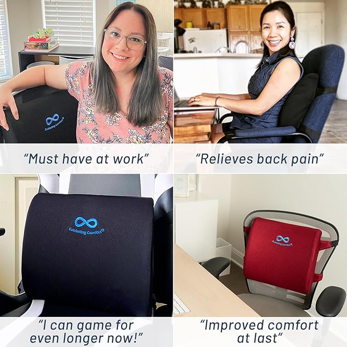 Everlasting Comfort Lumbar Support Pillow for Office Chair - Memory Foam Back Cushion for Chair, Car, Couch - Lumbar Pillow Promotes Better Posture, Back Pain Relief - Gaming and Desk Chairs - 2 Pack