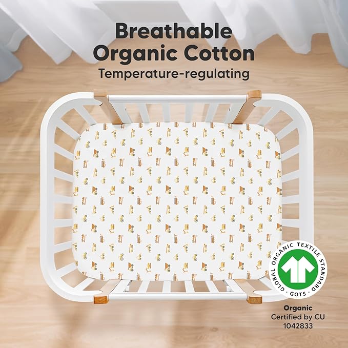 2-Pack Mini Crib Sheets Fitted, Pack and Play Sheets - Organic Cotton Pack N Play Sheets for Pack and Play Mattress, Playard Baby Crib Sheets, Jersey Crib Sheets Neutral for Boys, Girls (Construction)