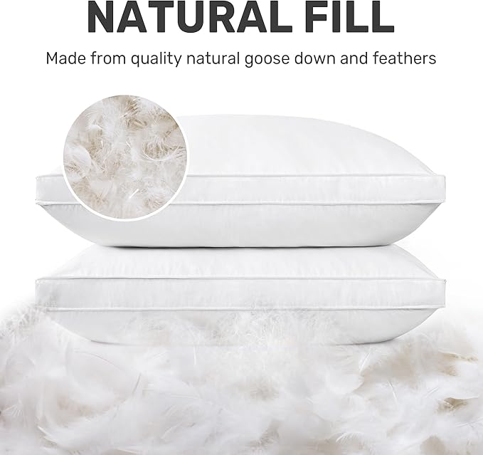 UNIKOME Goose Down Feather Pillows with 100% Cotton Cover, Set of 2 Gusseted Bed Hotel Collection Pillows for Sleeping, Queen Size