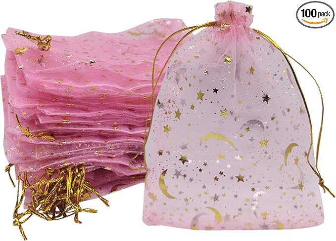 100pcs Organza Bags Moon and Stars Baby Shower Favor Bags Jewelry Candy Gift Card Bags With Gold Line Drawstring Pouches (Pink, 5x7)