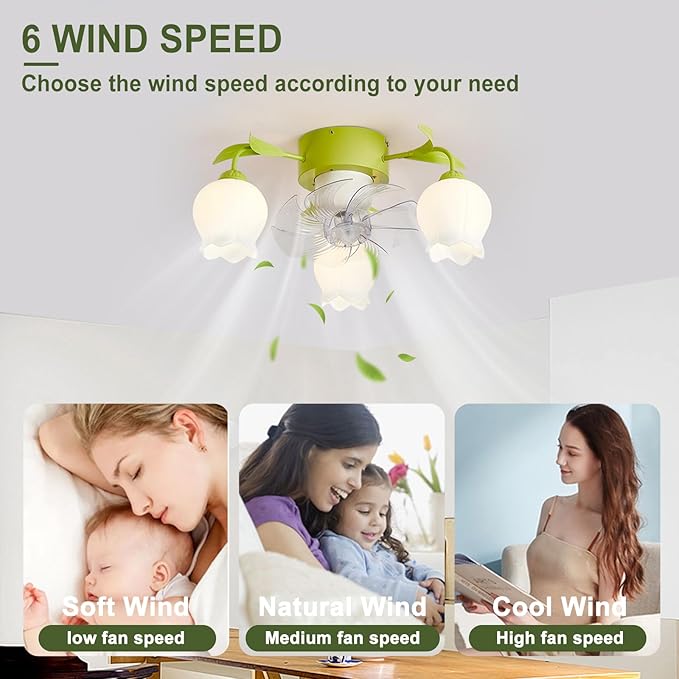 Flower Ceiling Fan with Light: Green Flower Fan Lights for Girls Bedroom - Flush Mount Fandelier for Living Room - 3-Light Modern Chandelier with Fan for Home Decor Enthusiasts