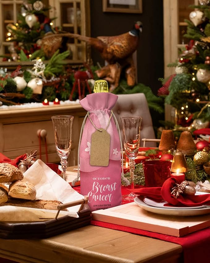 10 Pack Wine Bottle Bags, Breast Cancer Wine Bottle Cover with Drawstring, Gift Bag for Champagne, Wedding, Birthday, Christmas, Thanksgiving, Party Pink Ties Blooming Spring Floral