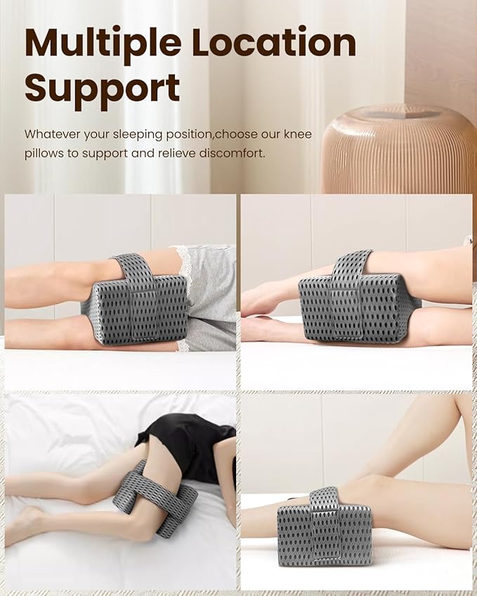 Knee Pillow for Side Sleepers - Memory Foam Leg Pillow for Side Sleeping with Strap, Leg Elevation Pillow for Relief Twisted Spine, Sciatica, Joint, Hip, Surgery Pain (Grey)