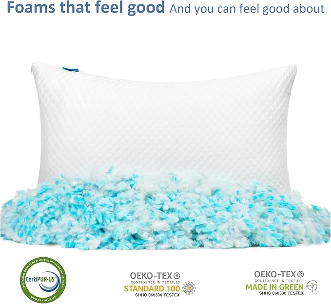 Shredded Memory Foam Pillows for Sleeping 2 Pack - Cooling Bed Pillows Queen Size Set of 2 - Medium Frim Gel Pillows for Side & Back Sleeper with Washable Removable Cover