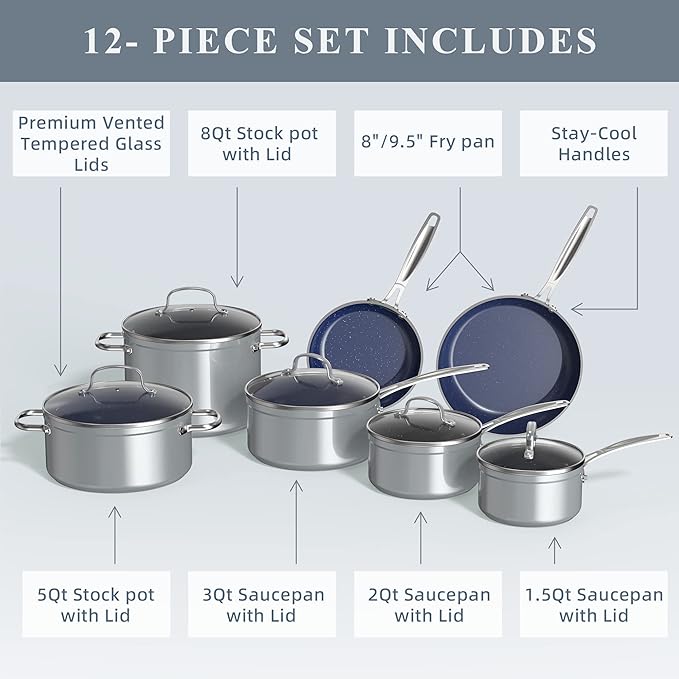 Nuwave Healthy Duralon Blue Ceramic Nonstick Cookware Set, Diamond Infused Scratch-Resistant, PFAS Free, Dishwasher & Oven Safe, Induction Ready & Evenly Heats, Tempered Glass Lids & Stay-Cool Handles