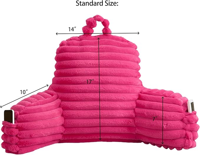 Faux Fur Fluffy Hot Pink Reading Pillow with Pockets, Luxury Striped Plush Decorative, Arm Rests and Back Surport for Bed Rest, Lounging on sofa, Standard