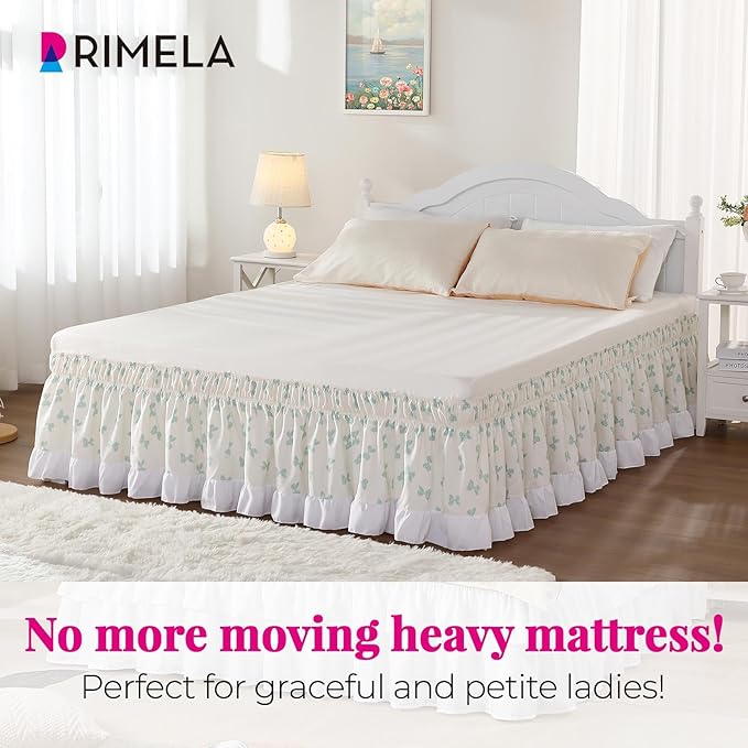 RIMELA White Elastic Bed Skirt King Szie 16 inch Drop, Cal King Bedskirt Easy to Put On, Solid Wrap Around Dust Ruffle, Fade Resistant Silky Fabric Machine Washable
