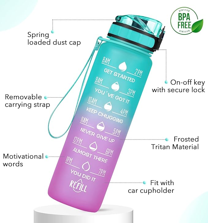 32oz Motivational Water Bottle with Time Marker & Fruit Strainer, Leak-proof BPA Free Non-Toxic 1l Bottle with Carrying Strap, Perfect for Fitness, Gym and Outdoor Sports (Ombre: Mermaid)