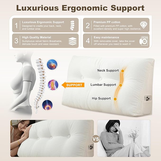 Headboard Pillow - Queen-Sized Headboard Wedge Pillow for Daybeds and Bunk Beds - Durable, Comfortable, with Removable Velvet Cover (White, 71x20x8Inches)