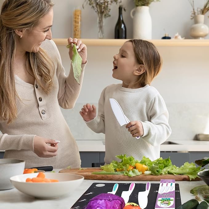 Kids Knife Set of 3 - Firm Grip, Serrated Edges & Safe – Colorful Nylon Toddler Knife Set to Cut Fruits, Salad, Cake, Lettuce (Purple Multi)