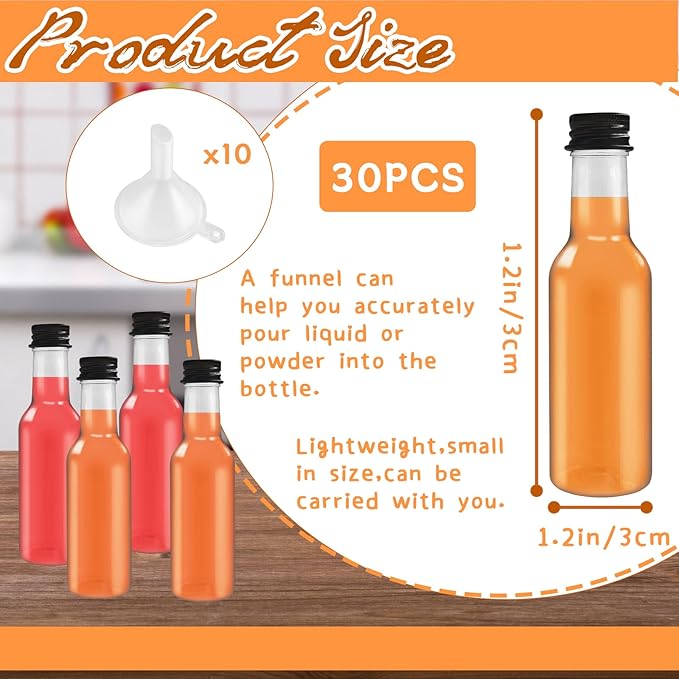 30 Pack 1.7oz Mini Liquor Bottles with Black Cap,Plastic Alcohol Bottles with 10 Funnels,Airtight Plastic Spirit Bottle for Weddings,Party Supplies