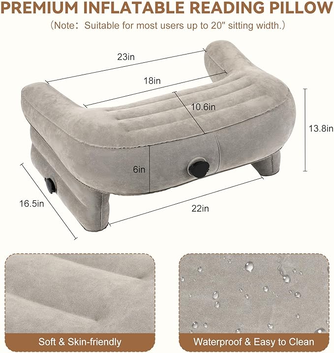 Luxspire Reading Pillow for Gaming, Extra Large Reading Pillows for Sitting in Bed Adult, Inflatable Portable Gaming Pillow, Lap Desk Pillow for Playing Steam Deck Switch, Gray