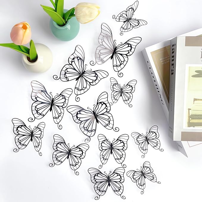 3D Butterfly Wall Decor 3 Sizes 4 Styles, Kurilai 48Pcs Butterfly Decorations Party Birthday Cake Decoration, Removable Wall Stickers for Kids Nursery Wedding Bedroom Room Decor (Black)