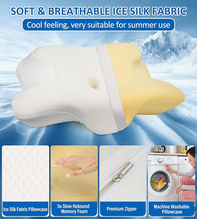 Cervical Neck Pillow for Sleeping, Memory Foam Pillow for Pain Relief, Orthopedic Contour Bed Pillow for Side, Back & Stomach Sleepers with Cooling Pillowcase