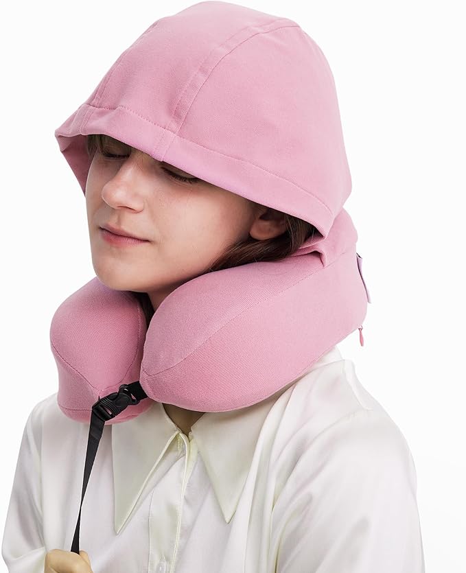 Travel Pillow with Hood for Airplane, 100% Pure Memory Foam Hooded Neck Pillow for Traveling, Car, Office, Soft, Machine Washable, Easy Storage, Pink