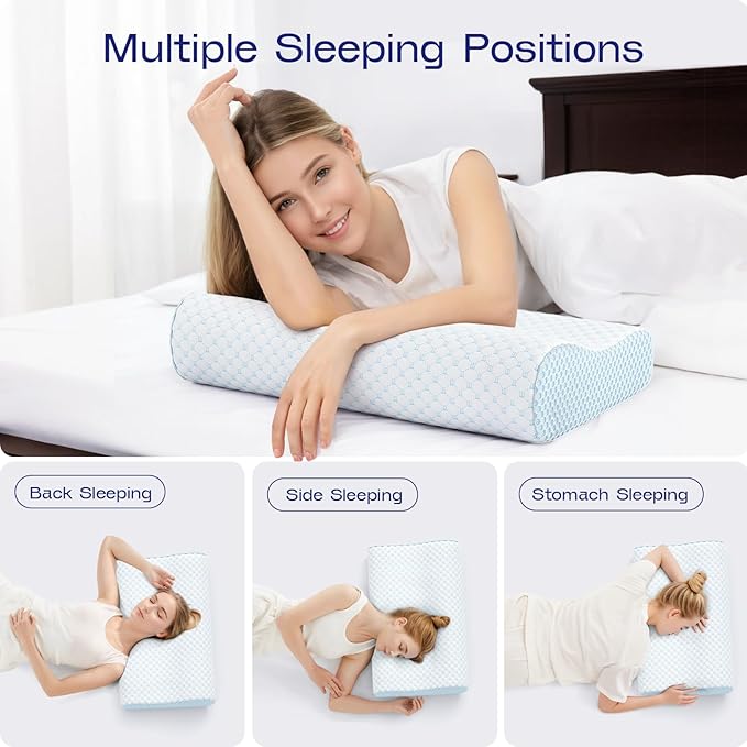 Memory Foam Contoured Pillow - 2 Hieghts Orthopedic Pillows for Neck Pain Relief- Soft Memory Foam Pillow for Sleeping- Ergonomic Pillows for Side, Back, Stomach Sleepers (Blue White)