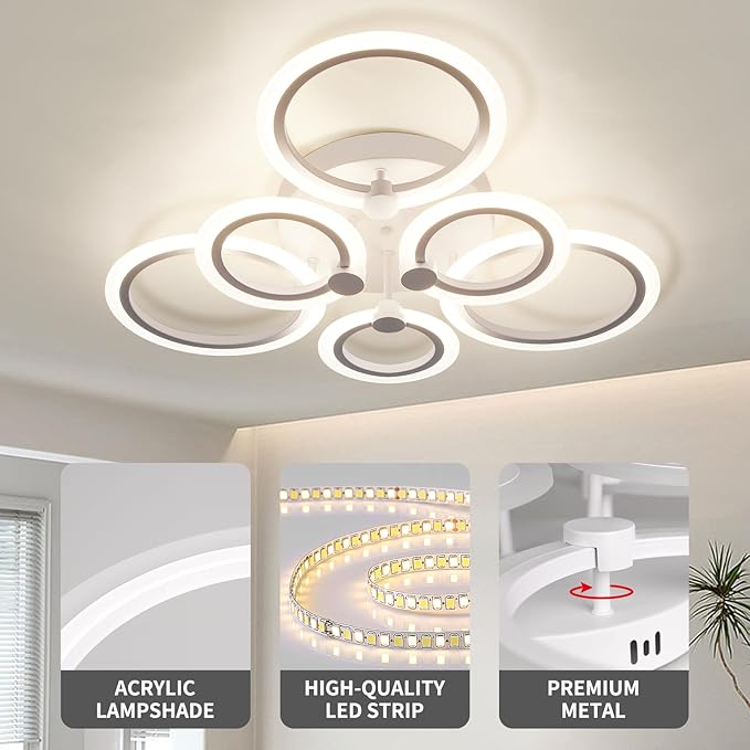 Modern LED Ceiling Light,Dimmable 3 Colors 6 Rings Flush Mount Ceiling Light Fixture,3000K-6500K 81W White Close to Ceiling Light with Remote for Living Room,Bedroom,Laundry Room