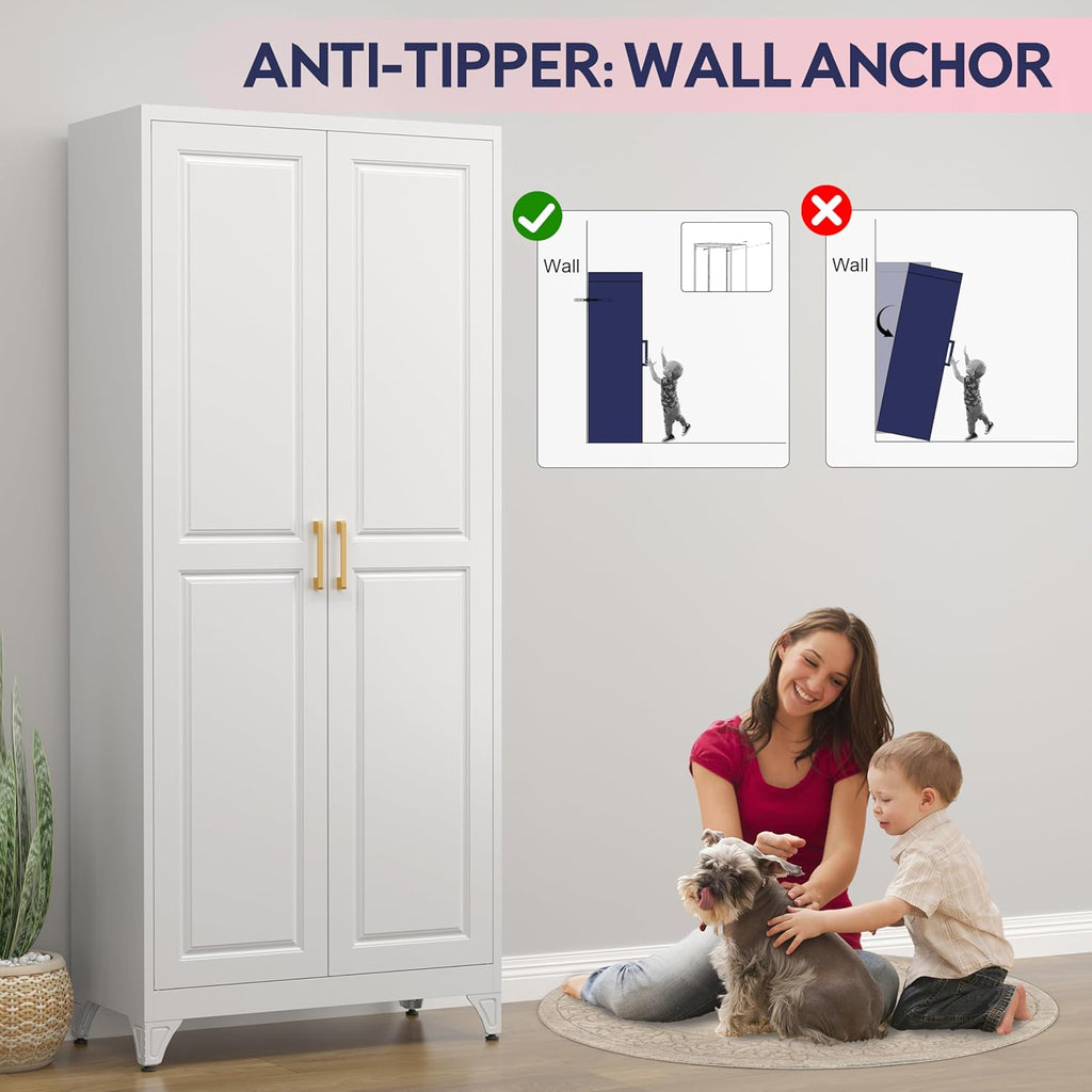 75" Storage Cabinet, Metal Pantry Cabinet, Kitchen Pantry Storage Cabinets with Doors and 4 Shelves, Cabinets for Laundry Room, Living Room, Dinning Room, Assembly Required, White