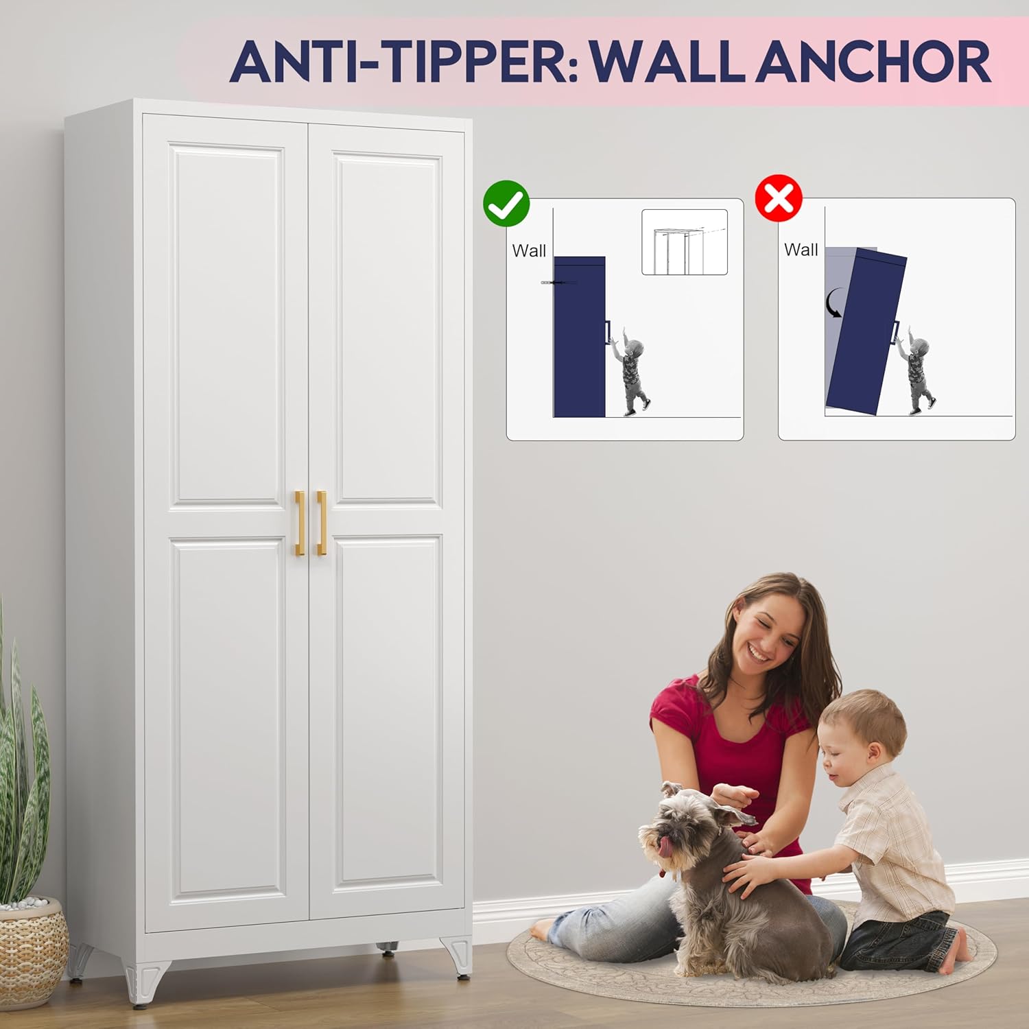 75" Storage Cabinet, Metal Pantry Cabinet, Kitchen Pantry Storage Cabinets with Doors and 4 Shelves, Cabinets for Laundry Room, Living Room, Dinning Room, Assembly Required, White