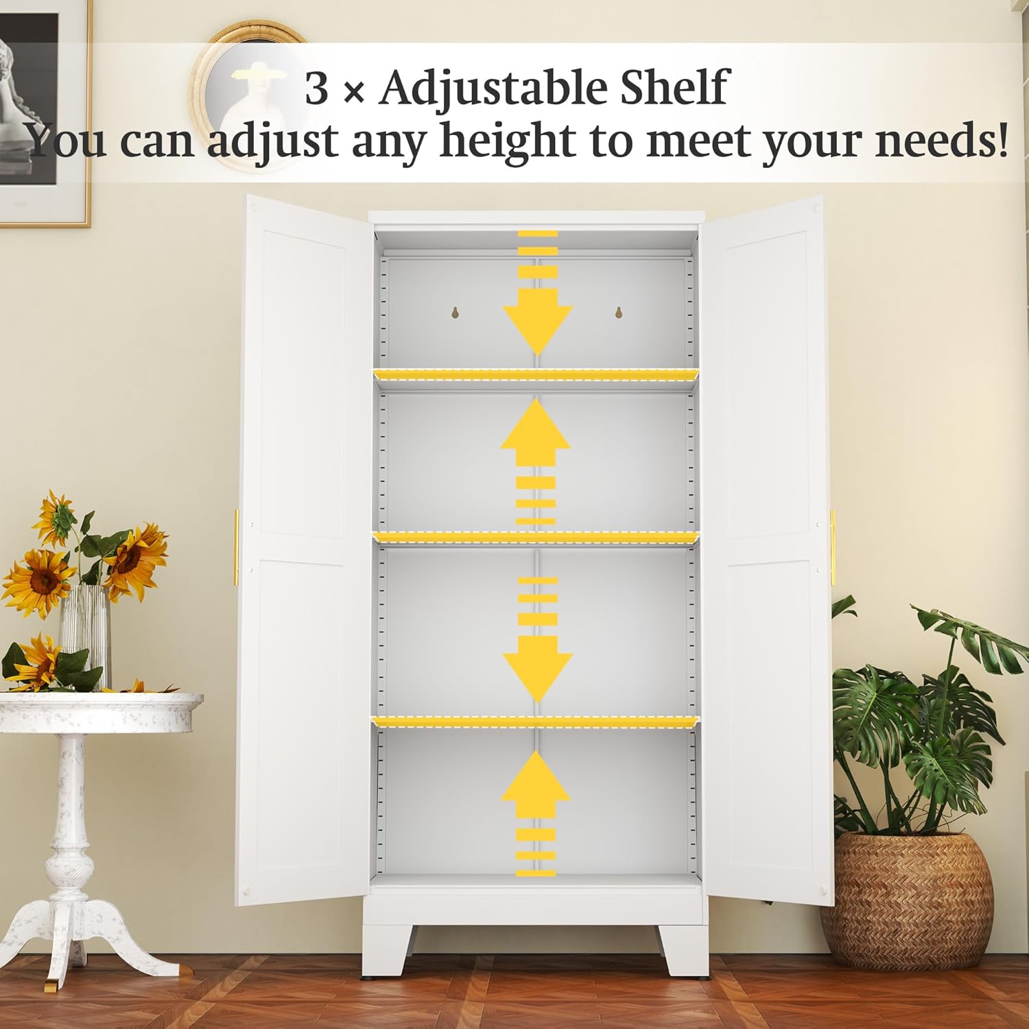White Metal Storage Cabinet, 61" Steel Cabinets for Home Office, Kitchen Pantry Storage Cabinet with Doors and 3 Adjustable Shelves, Tool Cabinet, for Office, Home, Garage, School