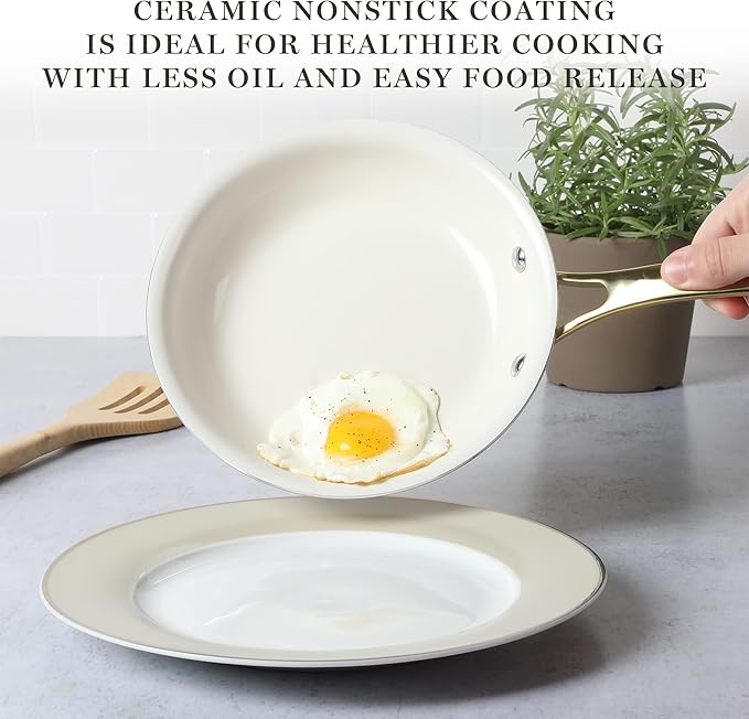 Martha Stewart Lockton Premium Nonstick PFA Free Ceramic Interior 10 Piece Heavy Gauge Enamel Aluminum Pots and Pans Cookware Set - Linen White w/Gold Handle