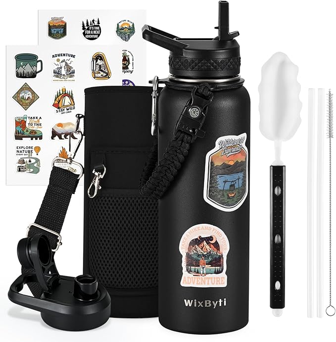 40 oz Insulated Water Bottle with Straw (Cold for 48 Hrs), Stainless Steel Triple Wall Vacuum Sports Water Jug, Leakproof Hydro Cup Flask with Paracord Handle & Straw Spout Lids & DIY Stickers