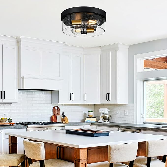 Flush Mount Ceiling Light Fixtures, 2-Light Black and Gold Ceiling Mount for Farmhouse with Seeded Glass Lampshade, Industrial Flush Mount Light Fixture for Hallway, Kitchen, Entryway and Foyer