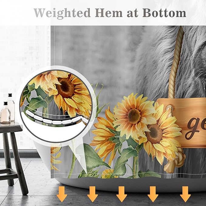 Aimego Extra Long Shower Curtain - Farmhouse Highland Cow Sunflower Rustic Western Country Get Naked Funny Fabric Cloth Shower Curtain Set with 12 Hooks Bathroom Decor Bathtub Curtain, 72"x84"