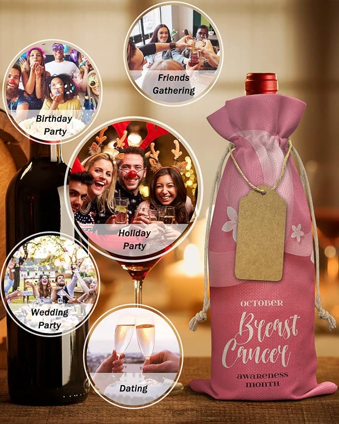 10 Pack Wine Bottle Bags, Breast Cancer Wine Bottle Cover with Drawstring, Gift Bag for Champagne, Wedding, Birthday, Christmas, Thanksgiving, Party Pink Ties Blooming Spring Floral