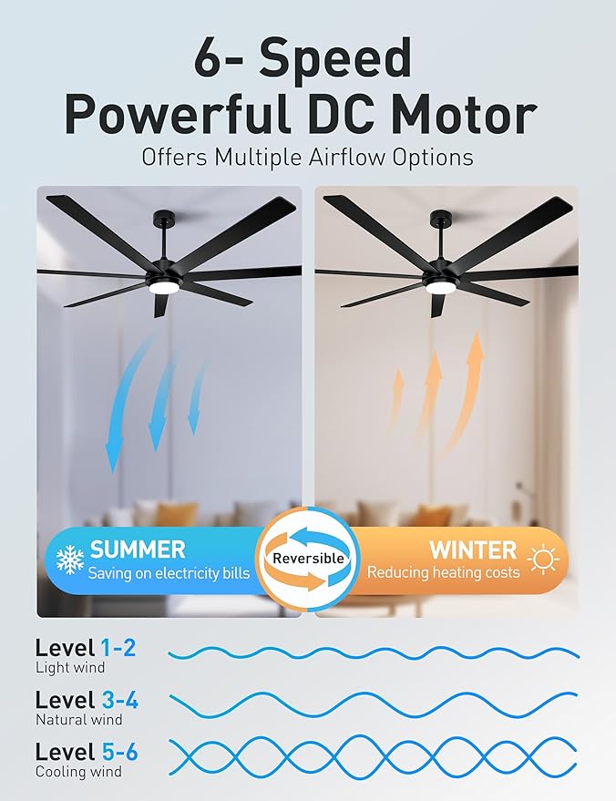 72" Wood Black Smart Ceiling Fan with Light and Remote via WIFI Alexa APP Control,6 Speed Quiet DC Motor,Dimmable LED Light,Indoor Outdoor Ceiling Fans for Patios or Bedroom