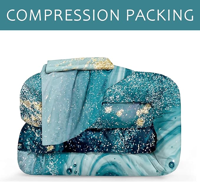 Bedbay Blue and Gold Marble Comforter Set for Girls Boys Teal Blue Bedding Set Twin 3 Pcs Western Bedding Comforter Abstract Art Duvet Set Soft Down Alternative Comforter Bedroom Decor(Blue,Twin)