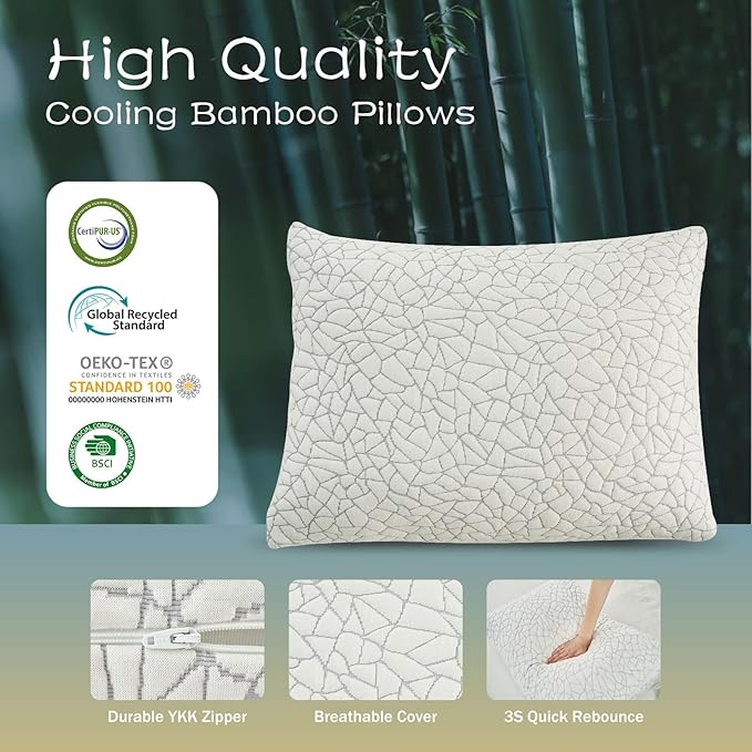 Shredded Memory Foam Pillow for Sleeping, Cooling Bed Pillows Queen Size Set of 2, Adjustable Soft and Firm Pillows or Side, Back, Stomach Sleepers with Washable Removable Bed Pillow Cover