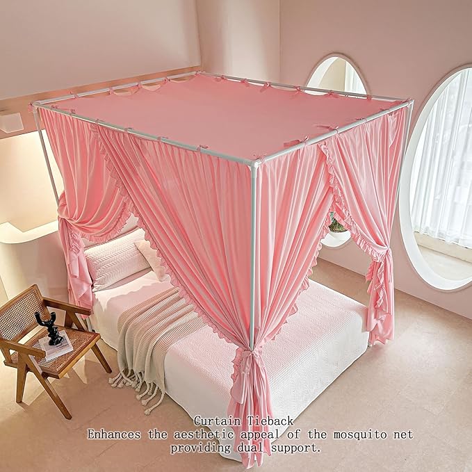 AIKASY Princess Canopy Bed Curtains with Top Ties - Windproof & Lightproof for Girls' Adult Bedroom Decor | Bed Canopy Drapes (Queen,Pink)