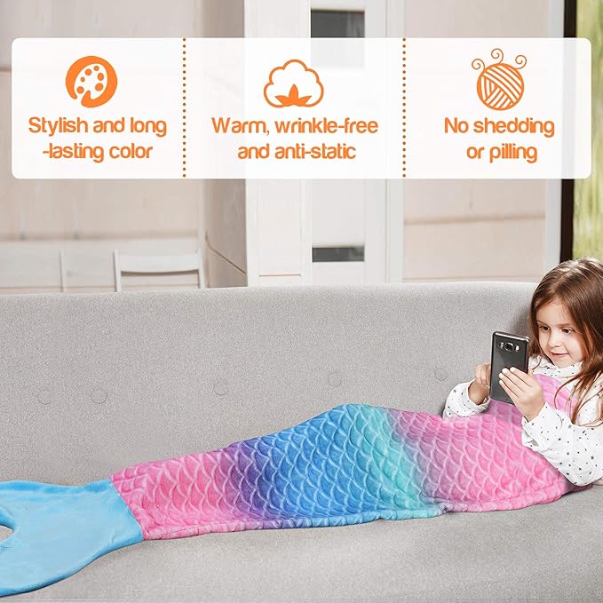 Catalonia Kids Mermaid Tail Blanket, Super Soft Plush Flannel Sleeping Snuggle Blanket for Girls, Rainbow Ombre, Fish Scale Pattern, Mermaid Gifts for Girls Birthday