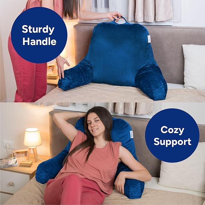 ComfortSpa Reading Pillow for Bed Adult Size, Back Rest Pillow with Arms, Pockets and Washable Cover; Use as a Back Pillow for Sitting in Bed for Bedrest or Relief from GERD Heartburn (XL Navy Blue)
