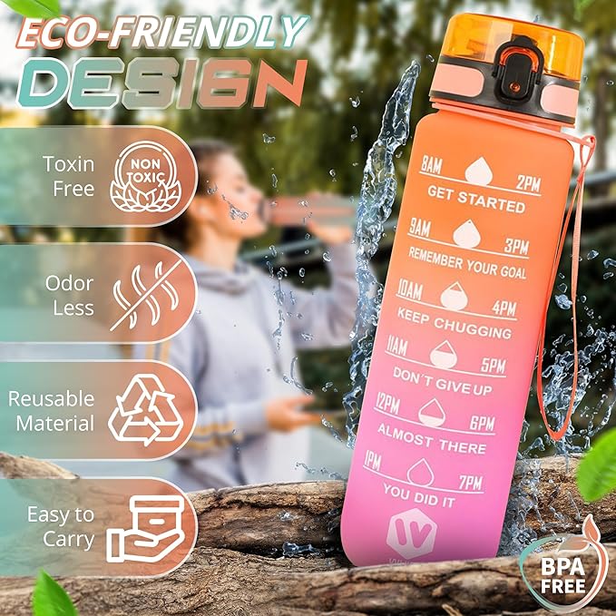 32 oz Water Bottle with Time Marker- Leak-Proof & BPA Free Reusable Gym Water Bottle - Easy to Carry Motivational Water Bottle for Fitness, Sports, Outdoor, Cycling, School (Pink & Orange)
