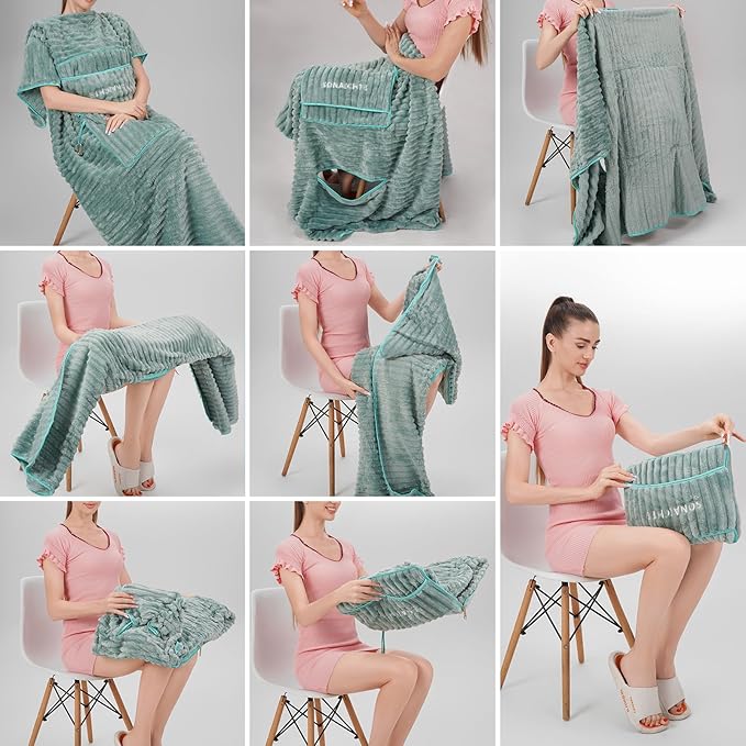 Travel Blanket Travel Blanket Airplane Compact with Bag 2 in 1 Travel Pillow and Blanket Set Travel Pillow and Blanket Car Road Trip Camping Essentials (Mint Green)