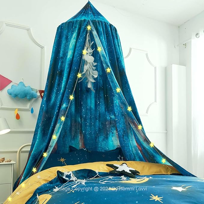 Galaxy Print Kids Bed Canopy, Girls Princess Bed Canopy Dreamy Room Decor, Soft Hanging Reading Nook Play Tent Canopy, Extra Large Full Size Bed Canopy with String Light